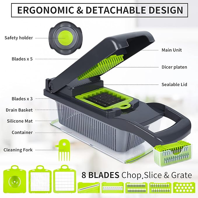 Vegetable Chopper, Onion Chopper, Mandolin Slicer,Pro 10 in 1professional food Choppermultifunctional Vegetable Chopper and Slicer, Dicing Machine, AdjustableVegetable Cutter With Container
